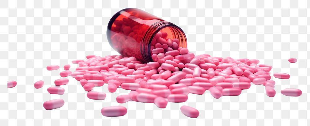 PNG  Pink medicine tablets spilled from medicine bottle white background medication container. AI generated Image by…