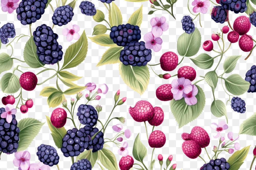 PNG Watercolor Seamless flowers pattern wild berries Vector background texture backgrounds blackberry. AI generated Image by…
