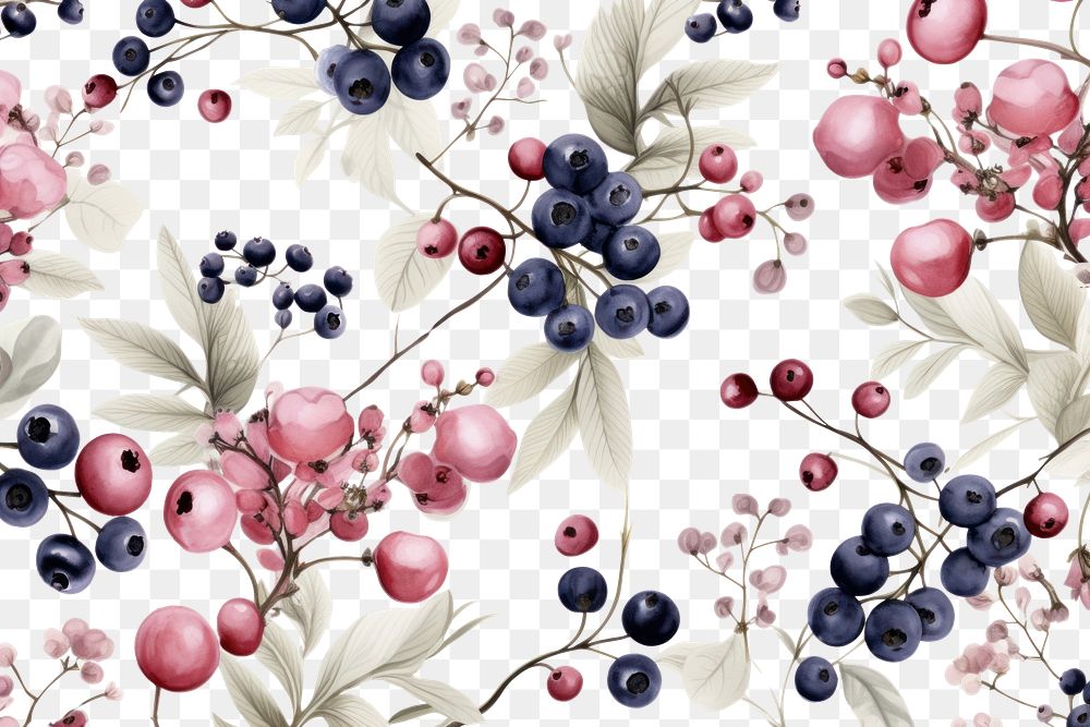PNG Watercolor Seamless flowers pattern wild berries Vector background texture backgrounds blueberry. AI generated Image by…