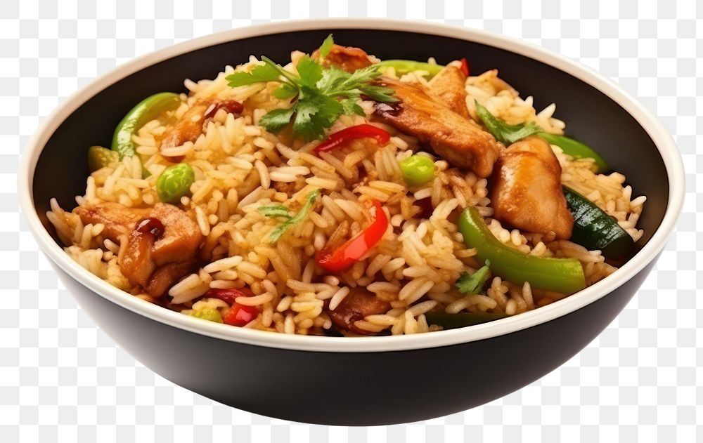 PNG Chicken stir fried rice plate food.