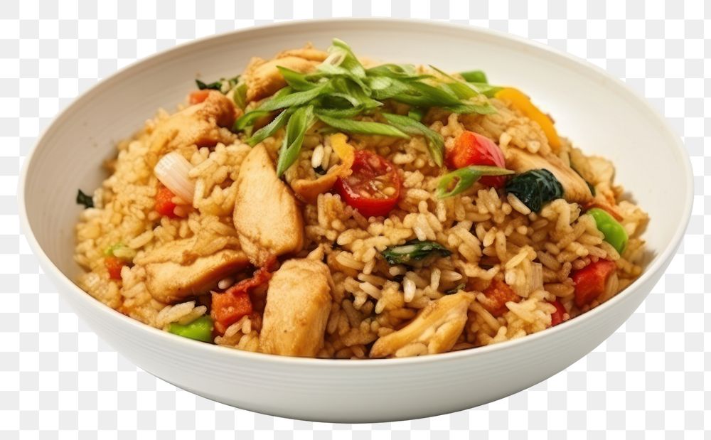 PNG Chicken stir fried rice plate food.