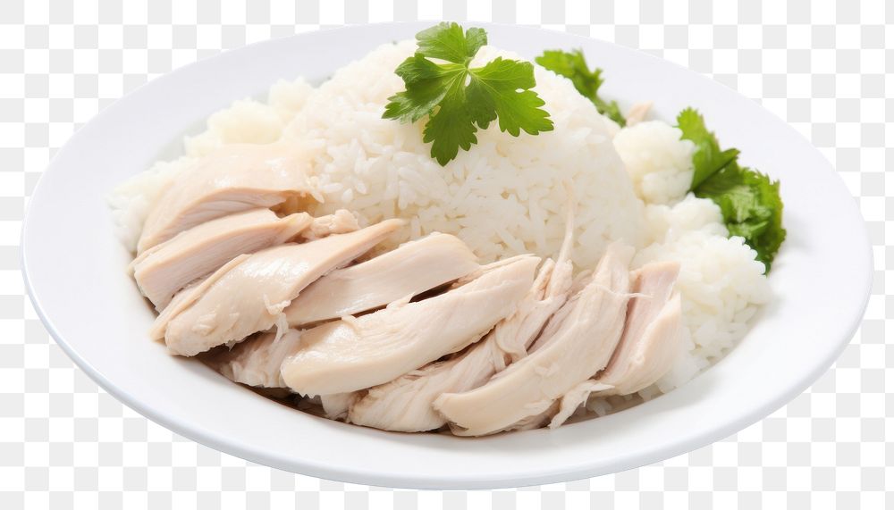 PNG Steamed rice topped with chicken plate herbs food.