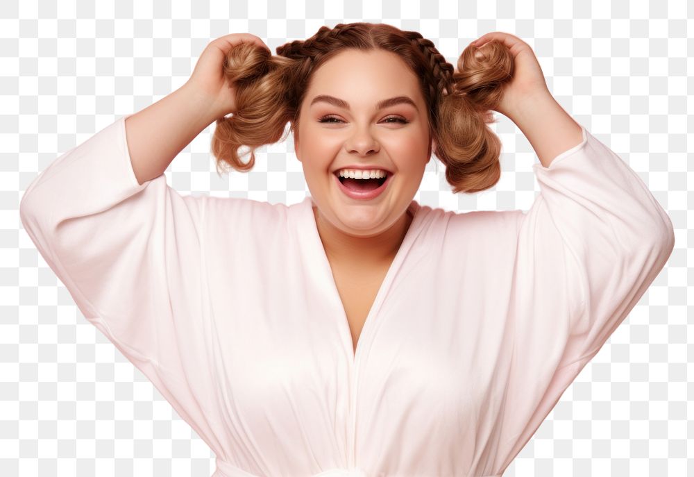 PNG Chubby woman tying her hair with rubber band smile laughing adult. AI generated Image by rawpixel.