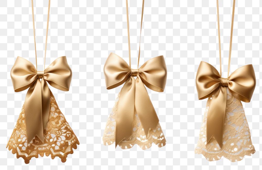 PNG Golden lace ribbon bows jewelry hanging white.