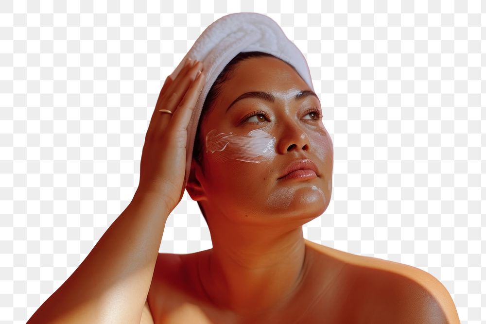 PNG  Chubby Pacific Islander woman doing skincare routine adult relaxation headshot.