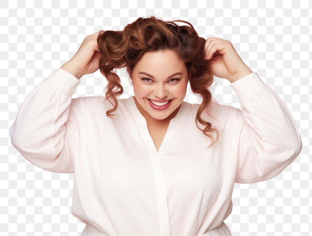 PNG Chubby woman tying her hair with rubber band portrait smile adult. AI generated Image by rawpixel.