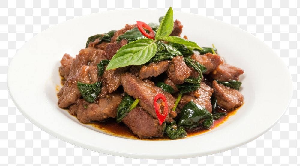 PNG Stir fried pork with holy basil vegetable plate meat.