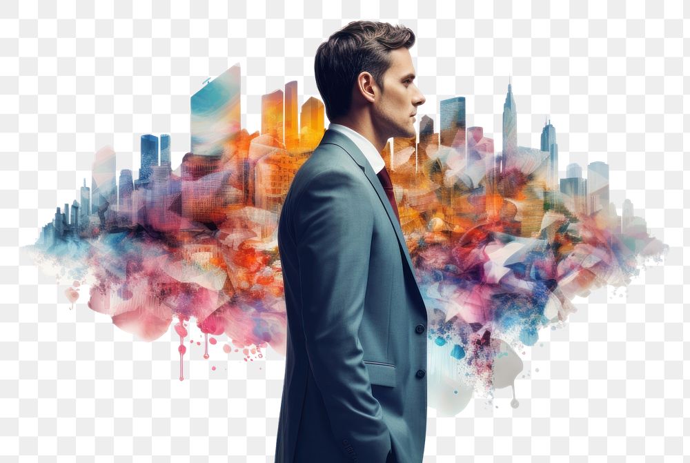 PNG  Double exposure businessman and the city photography portrait adult.