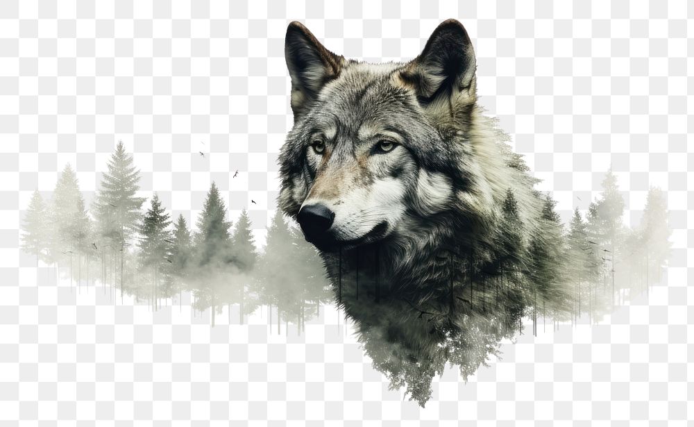 PNG  Double exposure photography wolf and forest animal mammal pet.