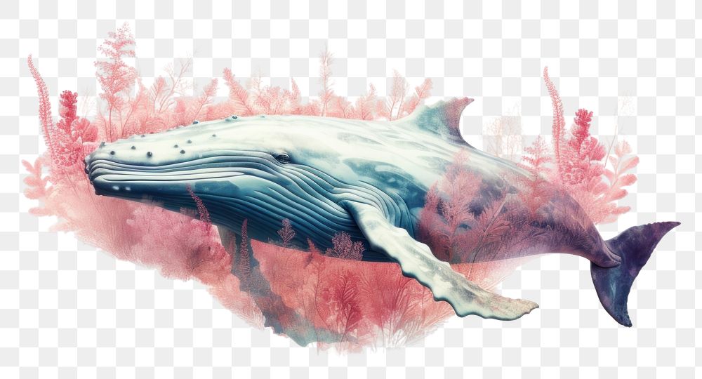 PNG  PNG  Double exposure photography whale and coral animal mammal fish.
