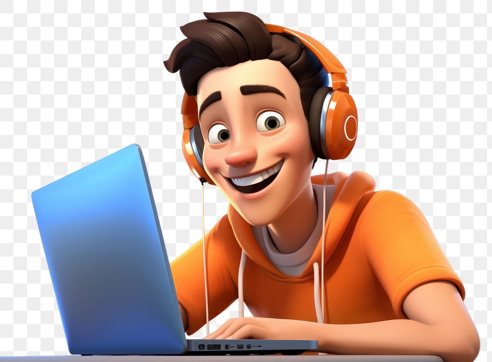 PNG Man playing game computer headphones smiling