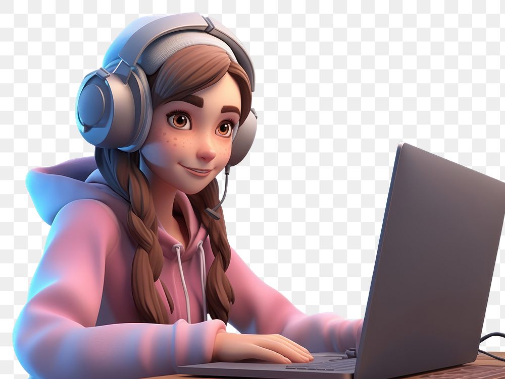 PNG Girl playing game headphones computer cartoon