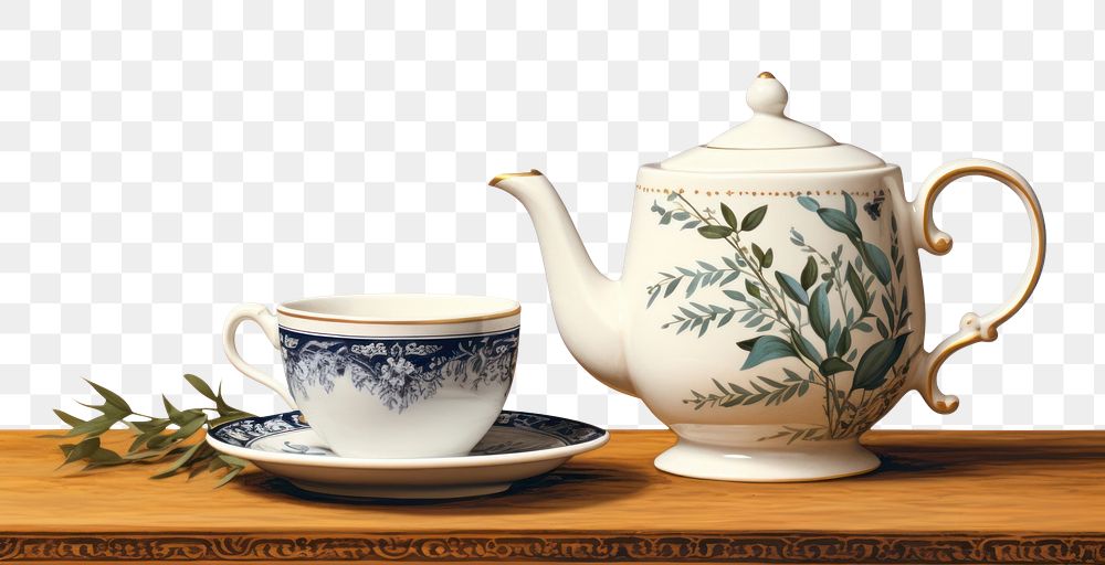 PNG  A pitcher of tea and a white mug on a wooden table art porcelain teapot. AI generated Image by rawpixel.