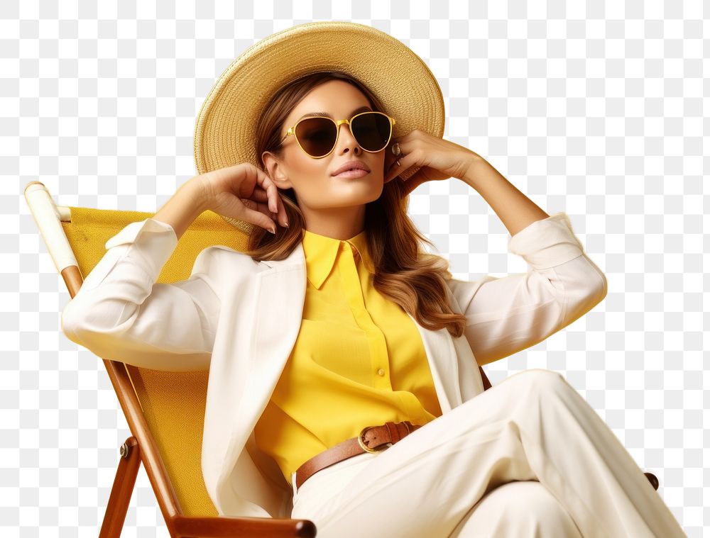 PNG Young calm woman sunglasses sitting yellow.