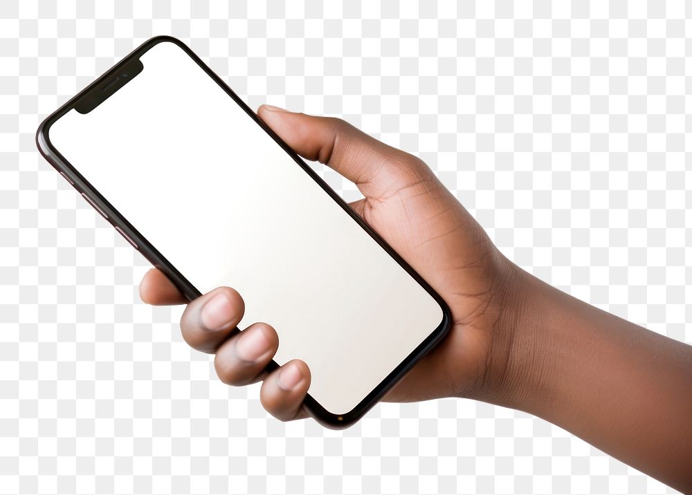 PNG A hand holding a phone with a blank screen ready white background photographing portability. AI generated Image by…
