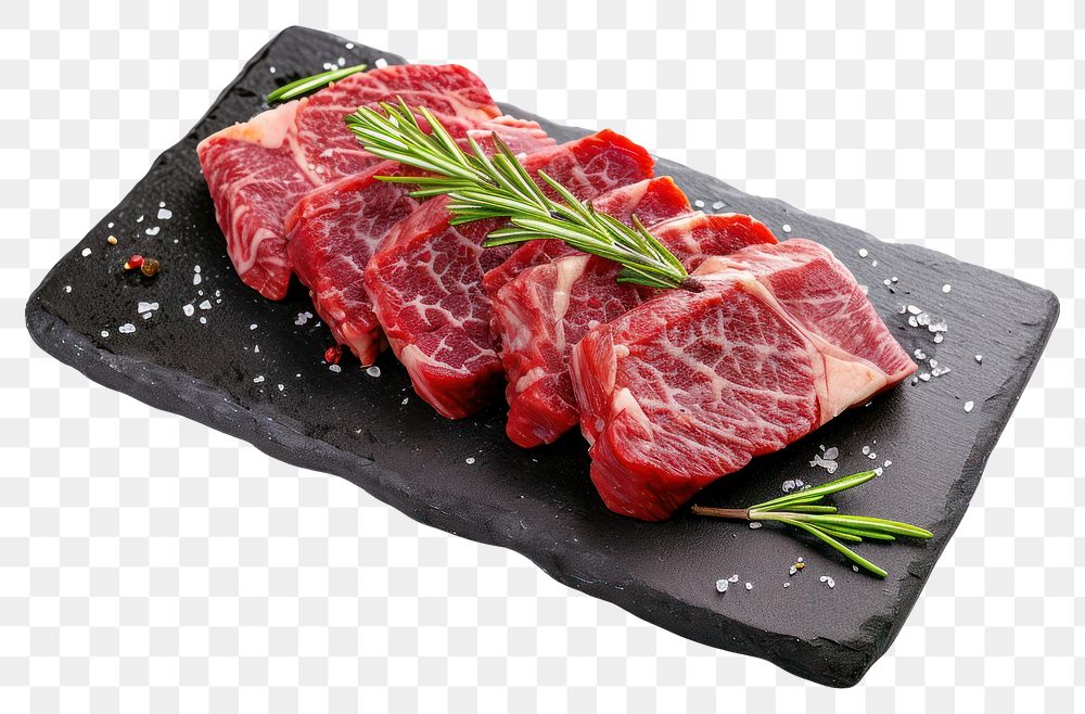 PNG Premium Rare Slices sirloin Wagyu A5 beef on stone plate slice meat food.