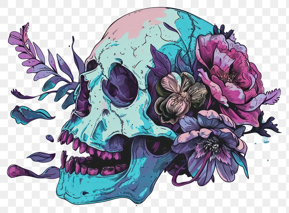 PNG  Skull drawing flower sketch.