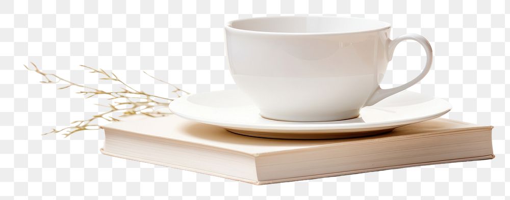 PNG  White tea cup on a book porcelain saucer coffee. AI generated Image by rawpixel.