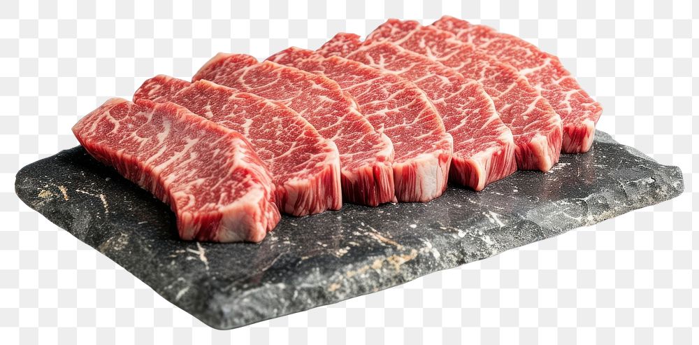 PNG Premium Rare Slices sirloin Wagyu A5 beef on stone plate slice meat food.