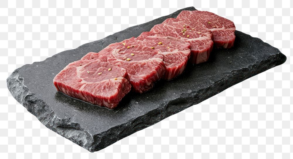 PNG Premium Rare Slices sirloin Wagyu A5 beef on stone plate steak slice meat.
