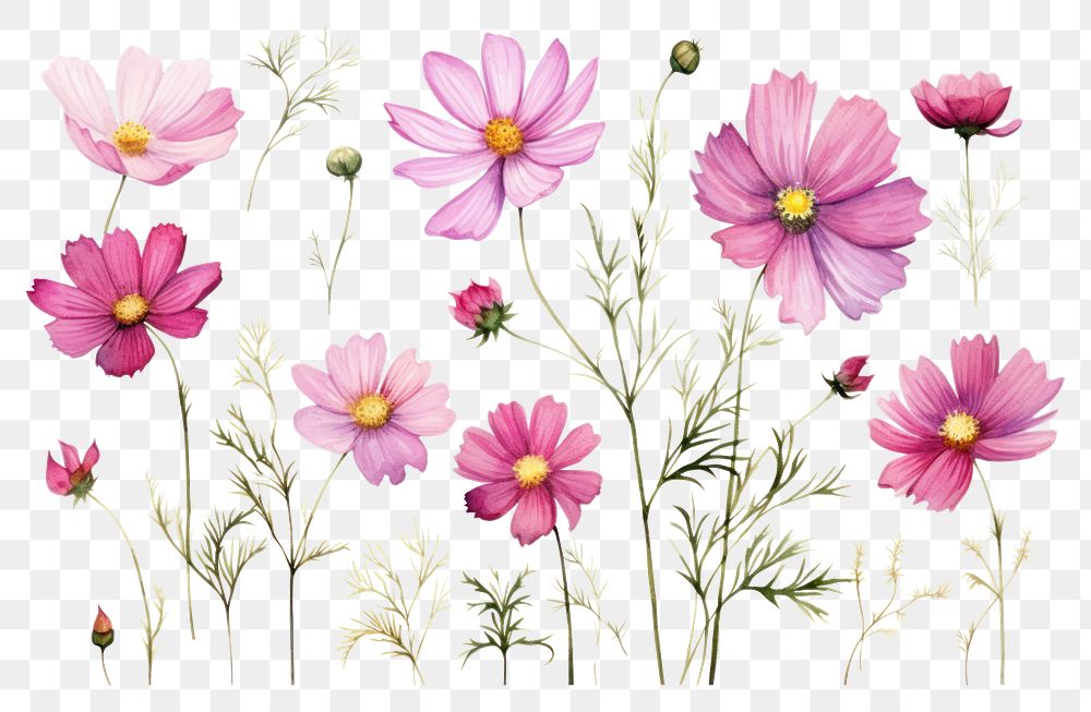 PNG Pink Cosmos watercolor illustration flower blossom pattern.