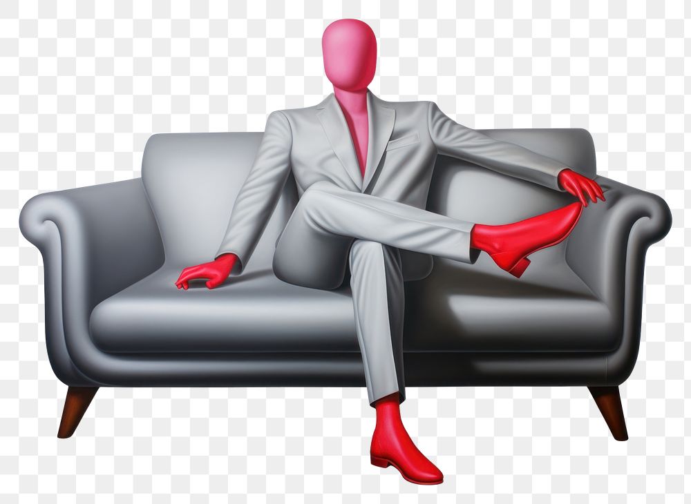 PNG  Surrealistic painting of Boss man siting smoking furniture footwear sitting.