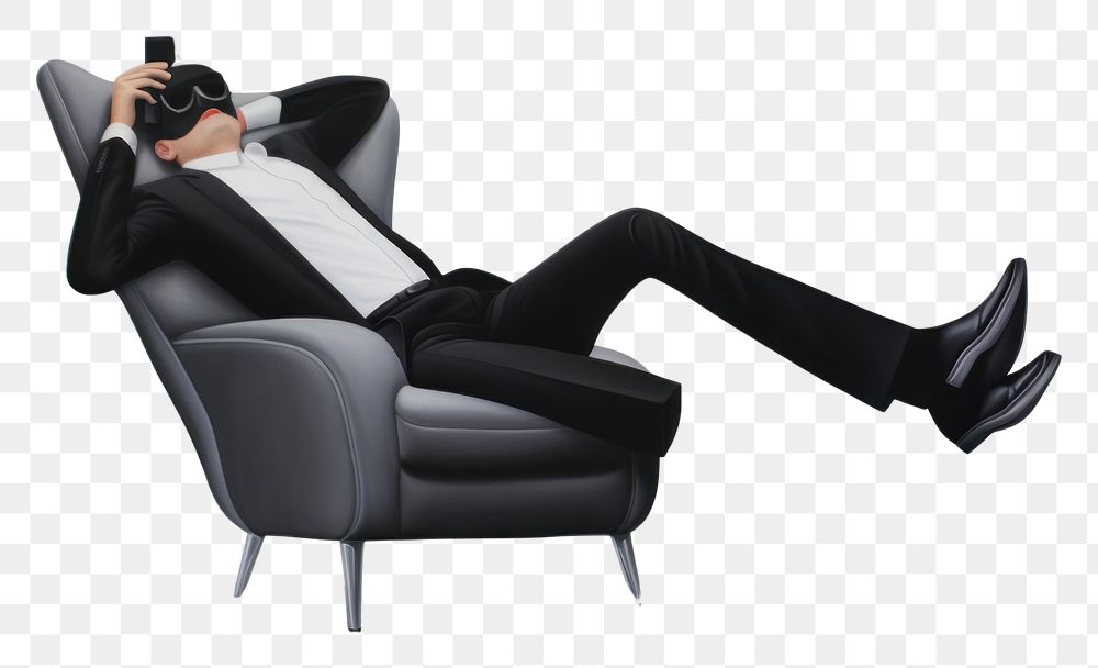 PNG  PNG  Surrealistic painting of Boss man siting smoking furniture armchair footwear.