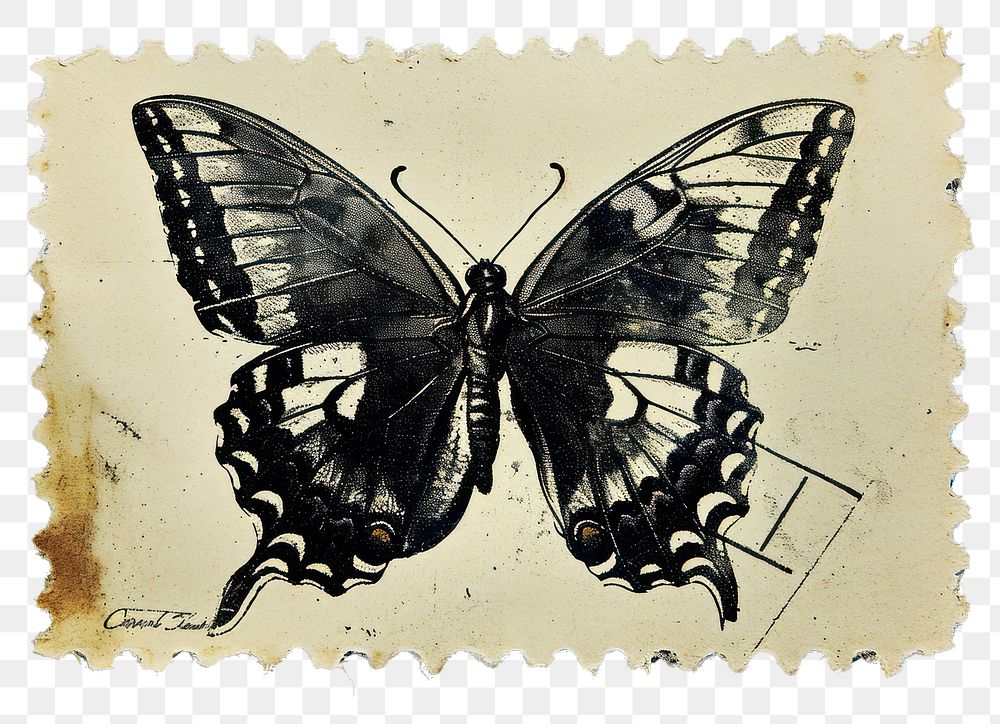 PNG Vintage stamp with butterfly paper creativity appliance.