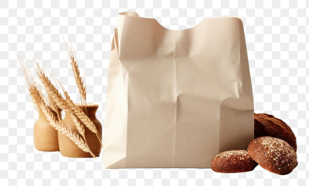 PNG  Bread packaging paper bag mockup food white background studio shot.