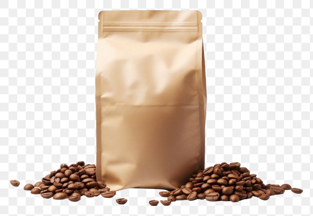 PNG  Coffee bean paper bag mockup white background coffee beans studio shot.