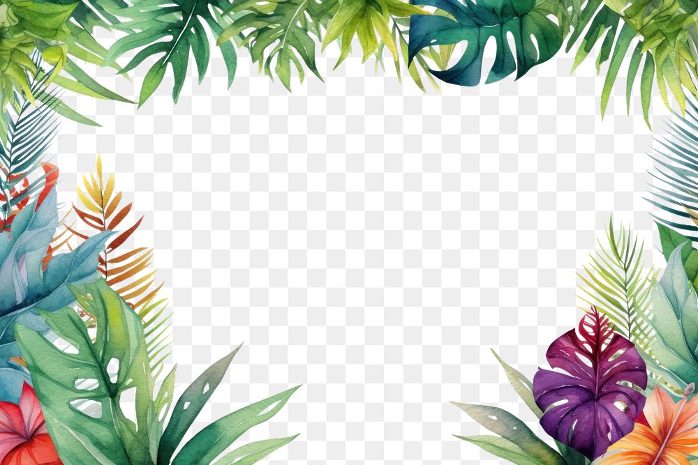 PNG Watercolor colorful tropical leaves border outdoors tropics pattern.