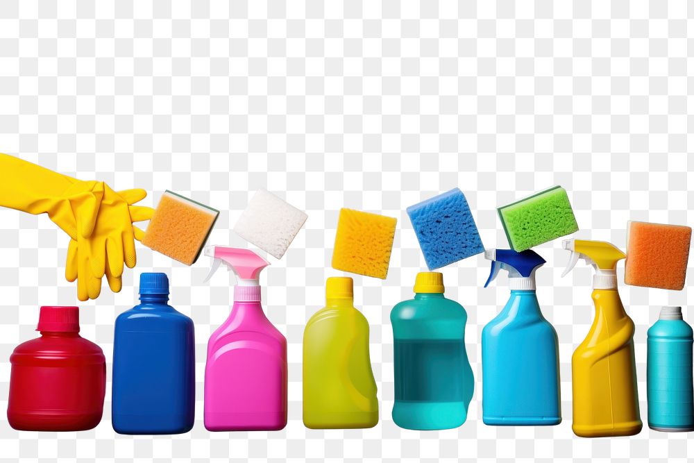 PNG  Colorful cleaning set plastic bottle container. AI generated Image by rawpixel.