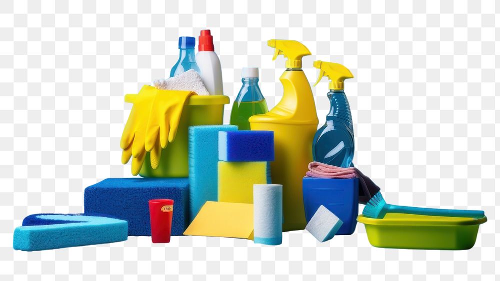 PNG  Colorful cleaning set blue blue background creativity. AI generated Image by rawpixel.
