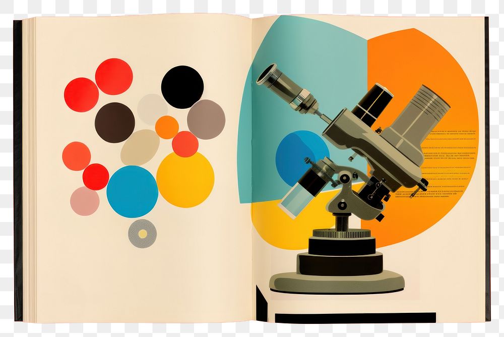 PNG Collage of a open science book microscope magnification technology.
