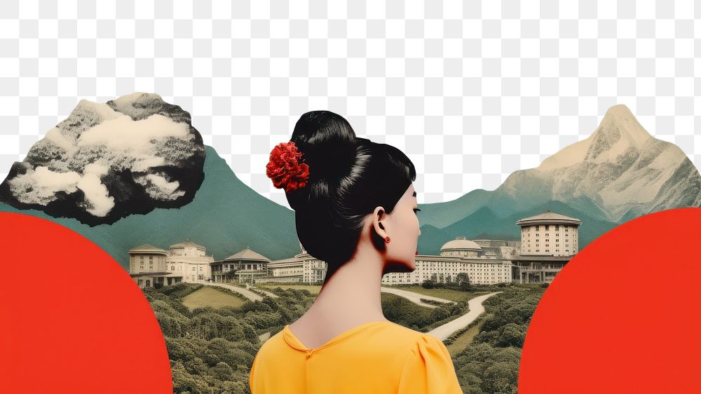 PNG  Collage Retro dreamy of travel to china architecture adult contemplation. AI generated Image by rawpixel.