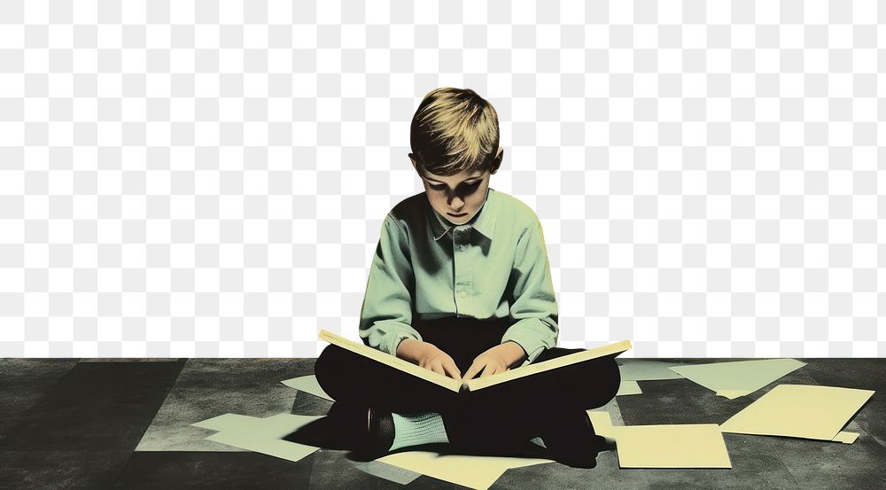 PNG Retro collage of a young boy sitting reading book publication.