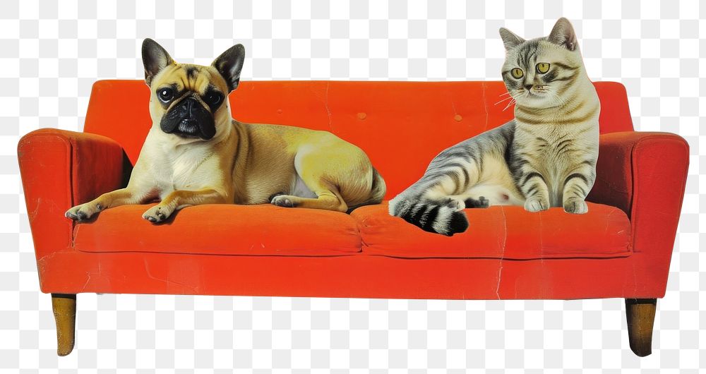 PNG Retro collage of dog and cat on sofa furniture bulldog cushion.