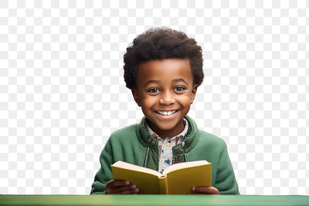PNG  African kid happy face reading a book publication smile child.