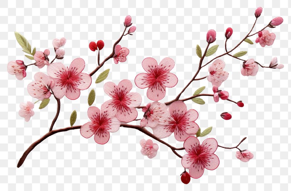 PNG Embroidery style cherry blossom white fabric leaves.