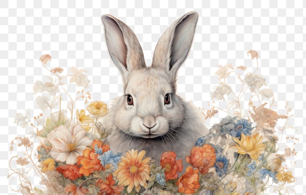 PNG Rabbit with flowers painting drawing animal.