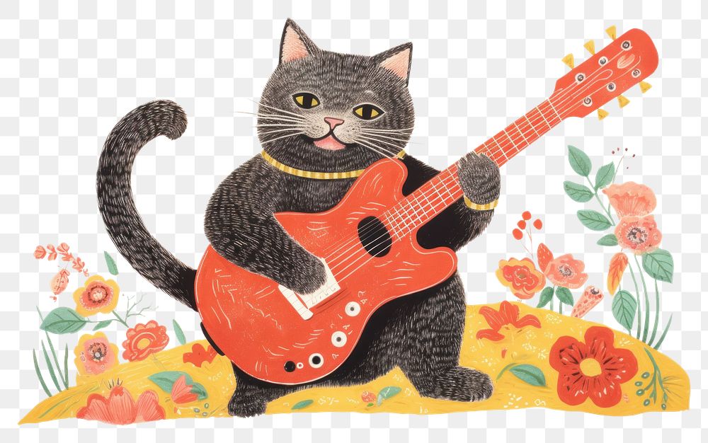 PNG Cat playing guitar mammal representation performance. AI generated Image by rawpixel.