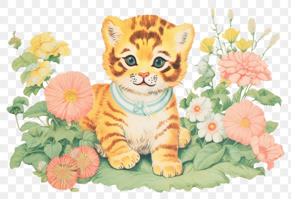 PNG Baby tiger in flower garden pattern animal mammal. AI generated Image by rawpixel.
