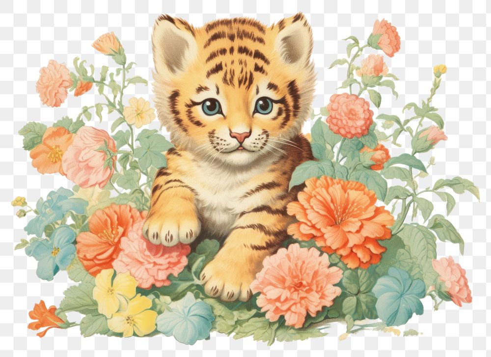 PNG Baby tiger in flower garden pattern animal mammal