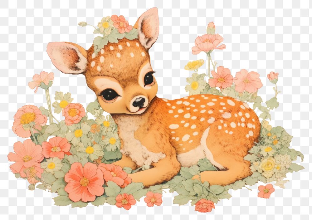 PNG Baby deer in flower garden pattern drawing animal. AI generated Image by rawpixel.