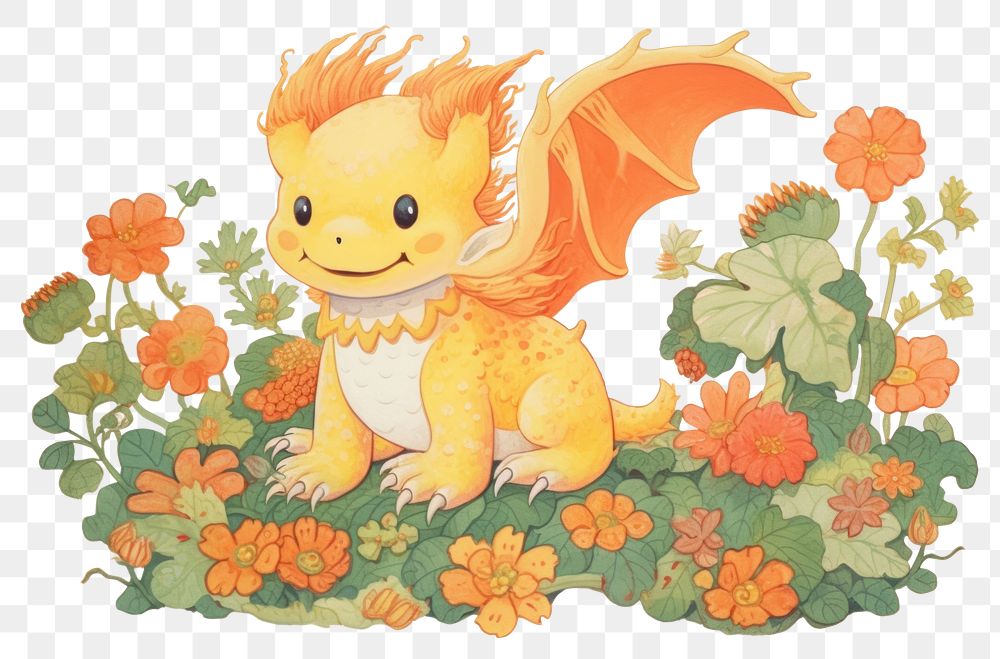 PNG Baby dragon in flower garden cartoon animal cute. AI generated Image by rawpixel.