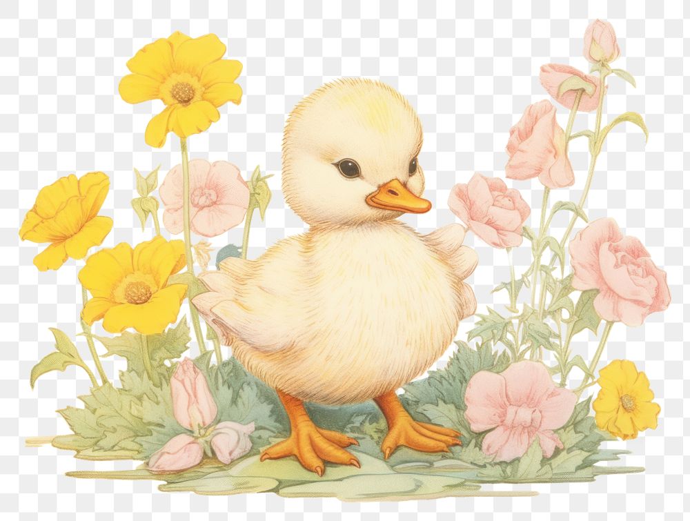 PNG Baby duckling in flower garden painting animal bird
