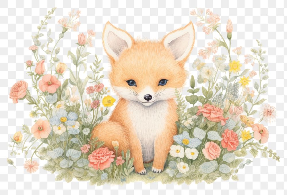 PNG Baby fox in flower garden mammal animal plant. AI generated Image by rawpixel.
