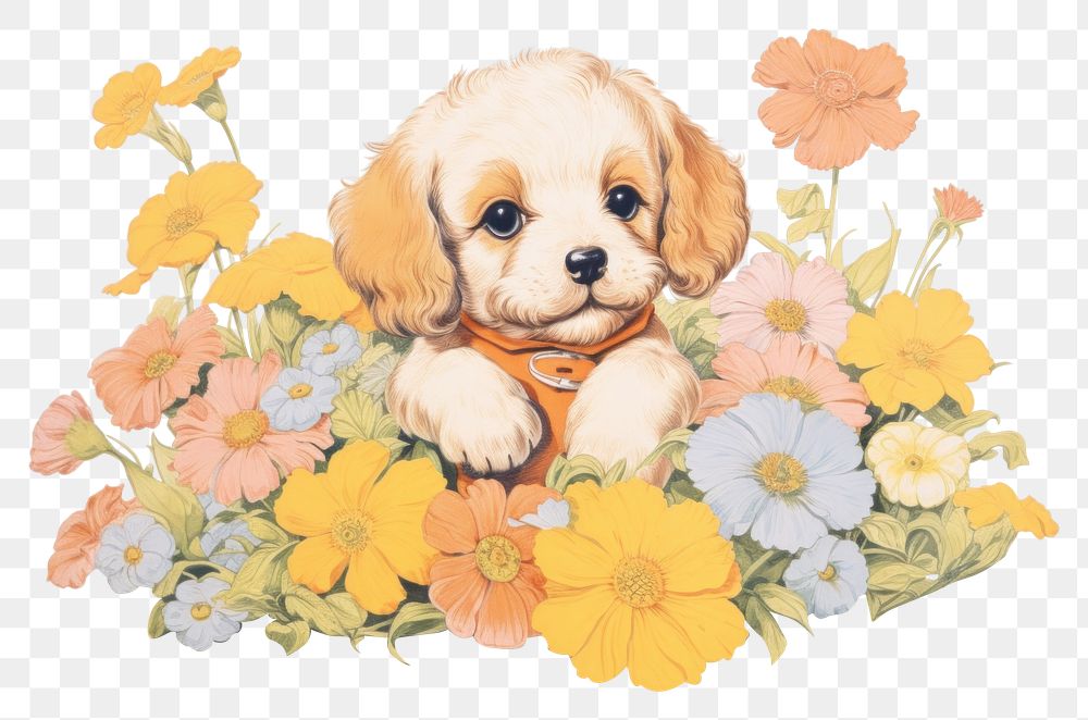 PNG Baby puppy in flower garden painting drawing animal. AI generated Image by rawpixel.