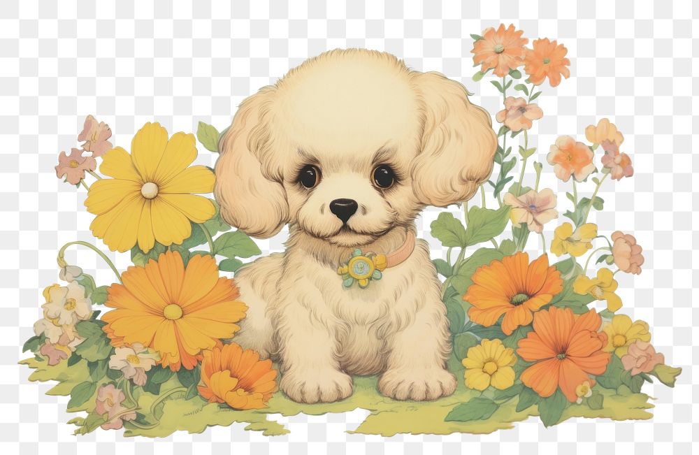 PNG Baby puppy in flower garden drawing animal mammal. AI generated Image by rawpixel.