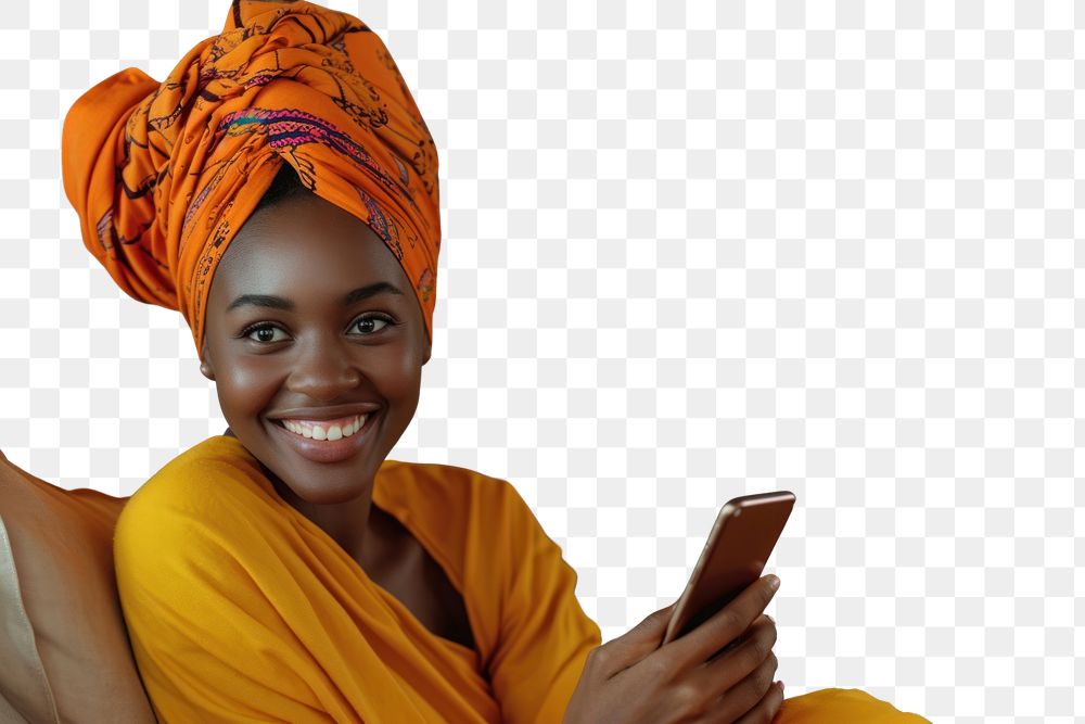 PNG African turban using smartphone portrait smiling adult.